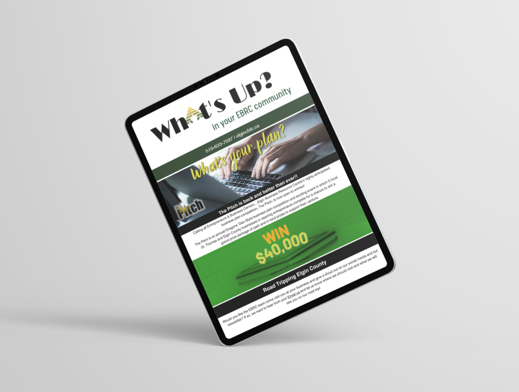 iPad Mockup for EBRC newsletter, What's Up by the Elgin Business Resource Centre in St. Thomas, Ontario