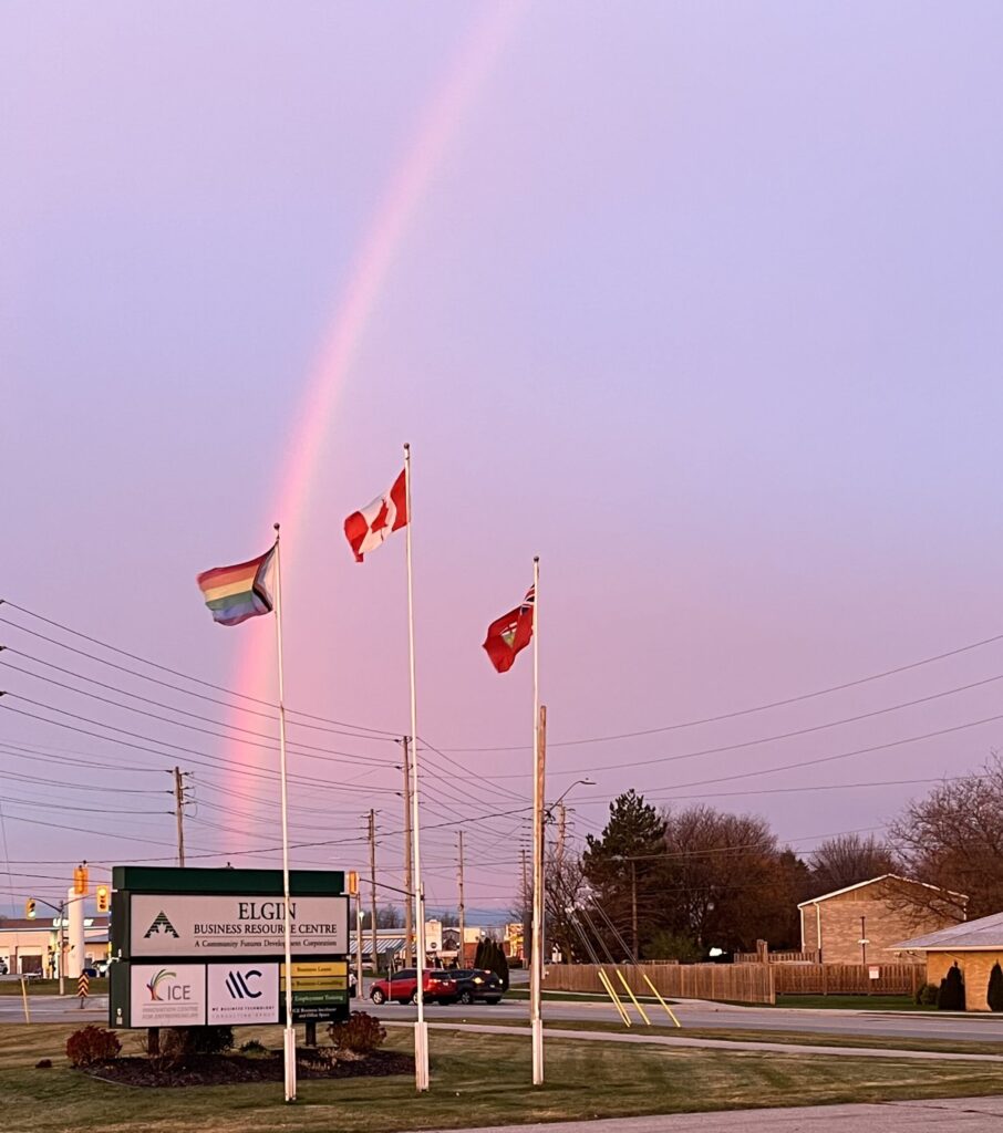 A beautiful rainbow in the sky outside of the Elgin Business Resource Centre in St. Thomas, Ontario